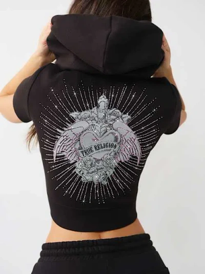 True Religion Crystal Cap Sleeve Zip Hoodie In Black