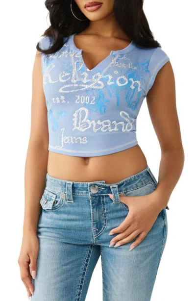True Religion Crystal Embellished Buddha Crop Graphic T-shirt In Blue