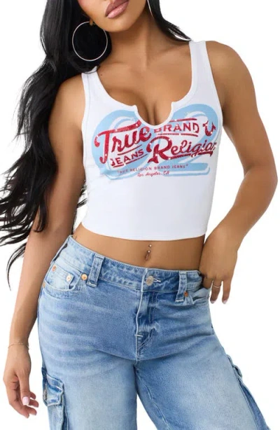 True Religion Crystal Embellished Logo Notch Neck Crop Tank Top In White