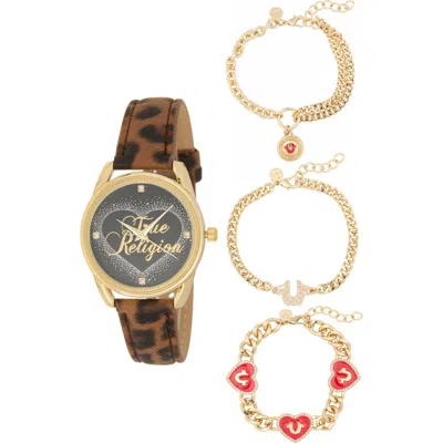 True Religion Crystal Faux Leather Strap Watch & Bracelets Set, 34mm In Gold