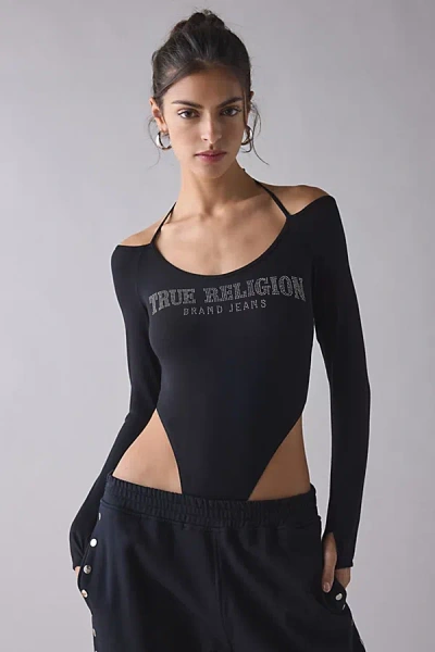 True Religion Crystal Graphic Halter Tie Long Sleeve Bodysuit In Black, Women's At Urban Outfitters