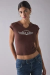 True Religion Crystal Graphic V-notch Side Ruched Baby Tee In Chocolate, Women's At Urban Outfitters In Brown