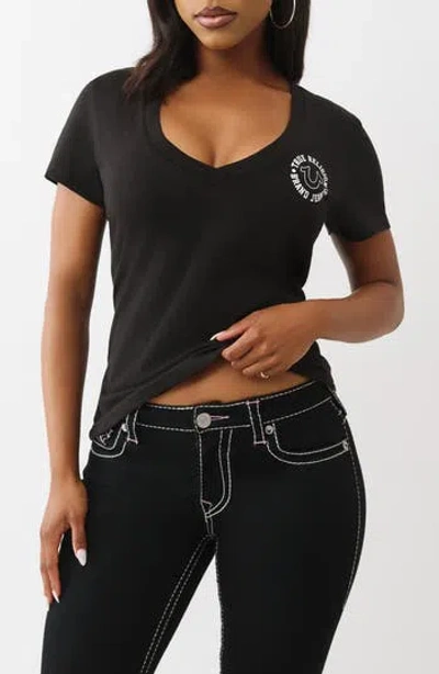 True Religion Crystal Horseshoe V-neck T-shirt In Black