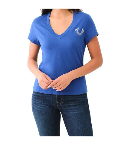 True Religion Crystal Horseshoe V Neck Tee In Blue