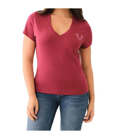 True Religion Crystal Horseshoe V Neck Tee In Cordovan