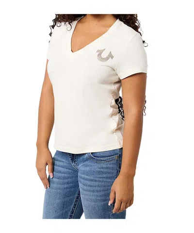 True Religion Crystal Horseshoe V Neck Tee In Winter White