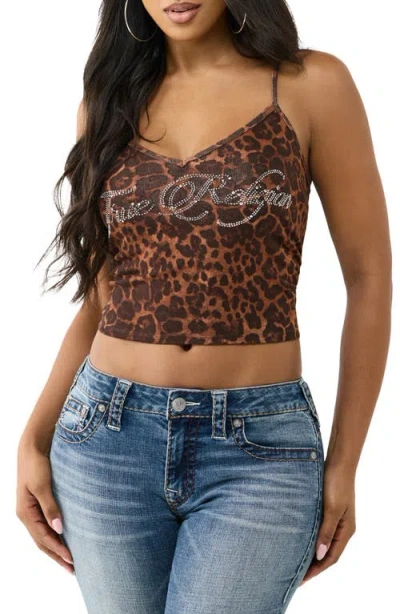 True Religion Crystal Logo Leopard Print Crop Camisole Tank In Brown