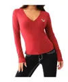 True Religion Crystal Logo Long Sleeve V Neck Tee In Red