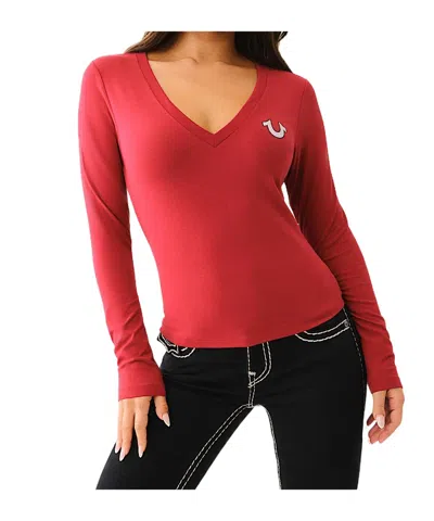 True Religion Crystal Logo Long Sleeve V Neck Tee In Red Dahlia