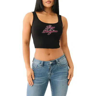 True Religion Crystal Logo Raw Hem Crop Tank In Jet Black