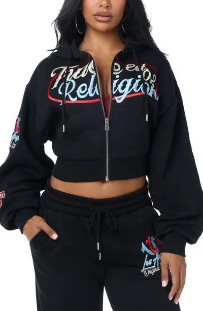 True Religion Crystal Logo Relaxed Full Zip Hoodie In Black