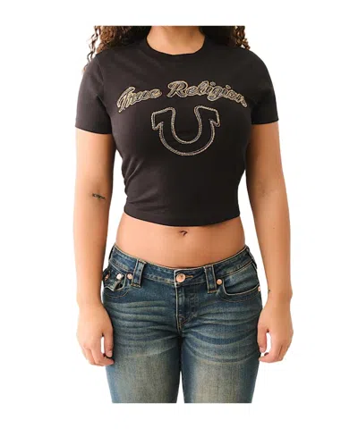 True Religion Crystal Logo Short Sleeve Baby Tee In Jet Black