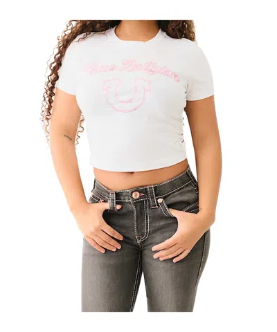 True Religion Crystal Logo Short Sleeve Baby Tee In Optic White