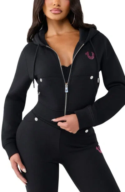 True Religion Crystal Logo Shrunken Full Zip Hoodie In Black