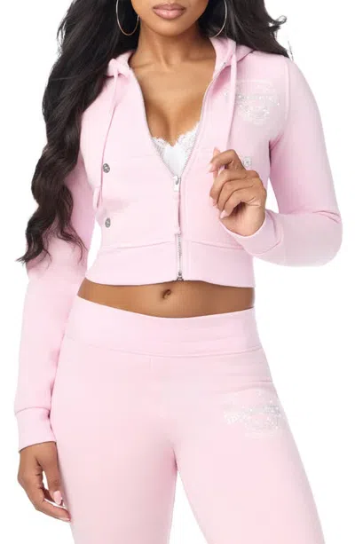 True Religion Crystal Logo Shrunken Full Zip Hoodie In Pink