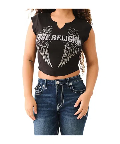 True Religion Crystal Logo Winged Notch Baby Tee In Black