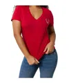True Religion Crystal Logo Long Sleeve V Neck Tee In Red
