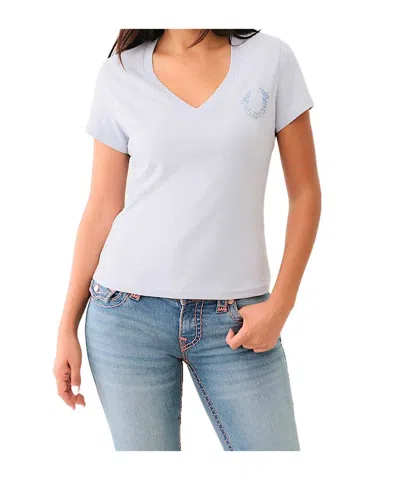 True Religion Crystal Ombre Horseshoe V Neck Tee In White