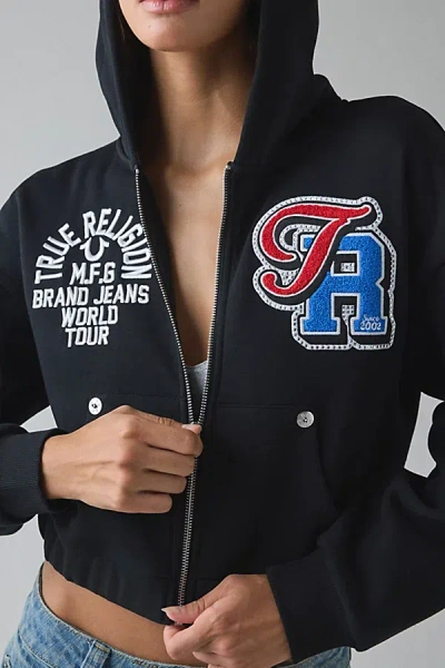 True Religion Crystal Patched Graphic Zip-up Hoodie Sweatshirt In Black, Women's At Urban Outfitters