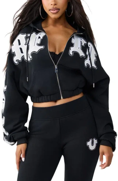 True Religion Crystal Patched Relaxed Full Zip Hoodie In Black