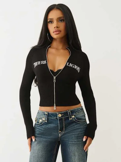 True Religion Crystal Turtleneck Zip Sweater In Black