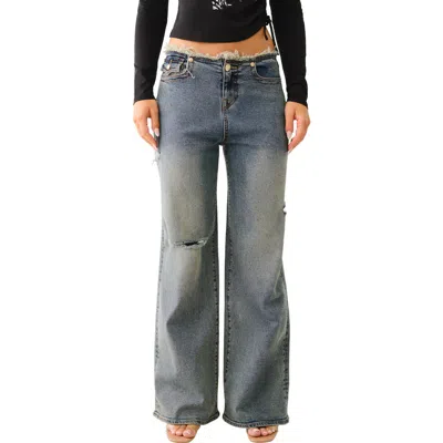 True Religion Cutoff Waist Ripped Wide Leg Jeans In Medium Vintage Destroy