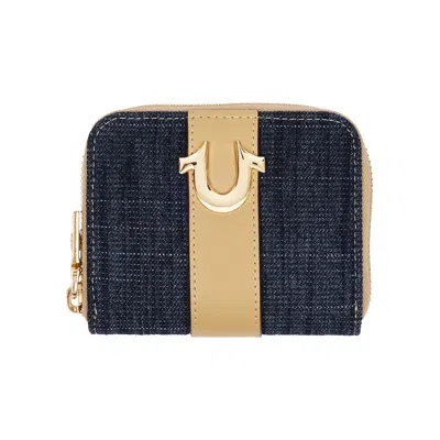 True Religion Denim & Pu Small Zip Around Wallet With Horseshoe Hardware In Blue