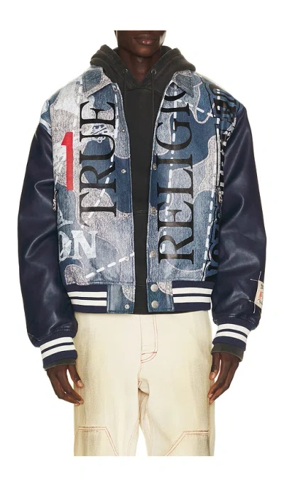 True Religion Denim Print Bomber Jacket In Indigo Print