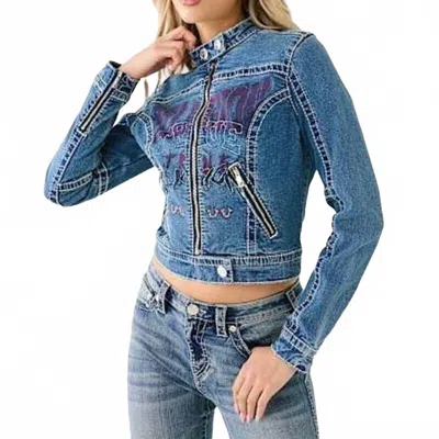 True Religion Denim Shrunken Moto Jacket In Medium Wash In Blue