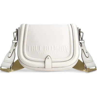 True Religion Distressed Logo Denim Saddle Bag In White