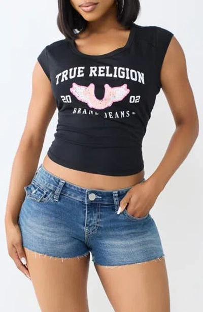 True Religion Distressed Logo Scoop Neck Graphic T-shirt In Jet Black