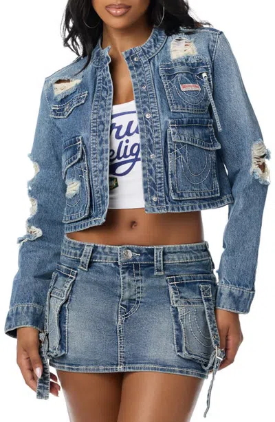 True Religion Distressed Stretch Denim Cargo Jacket In Blue