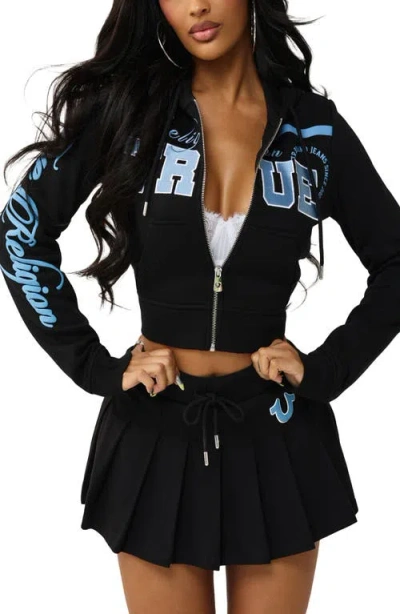 True Religion Embroidered Front Zip Cotton Blend Crop Hoodie In Black