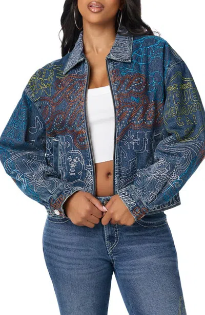 True Religion Embroidered Girlfriend Denim Jacket In Animal Print