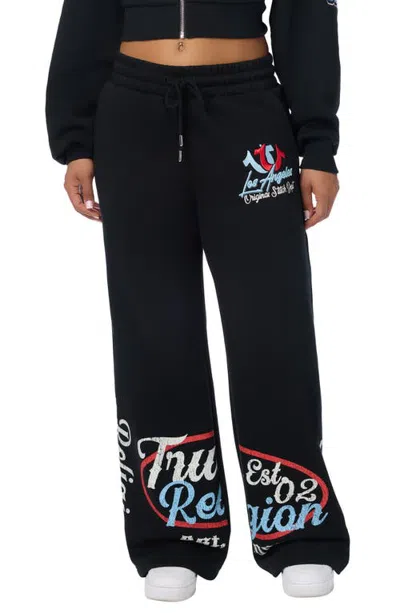 True Religion Embroidered Logo Wide Leg Cotton Blend Sweatpants In Black