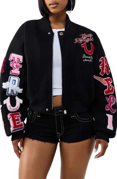 True Religion Embroidered Varsity Bomber Jacket In Black