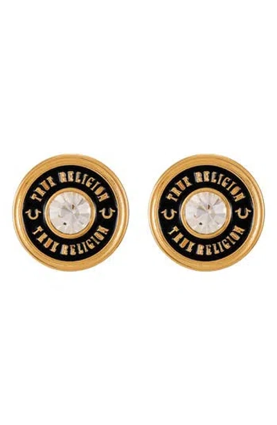 True Religion Enamel & Crystal Logo Stud Earrings In Black