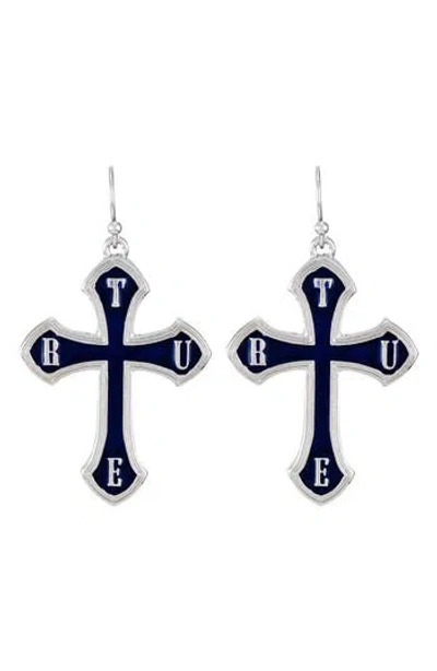 True Religion Enamel Cross Drop Earrings In Blue