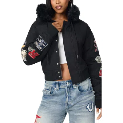 True Religion Faux Fur Trim Embroidered Hooded Jacket In Black