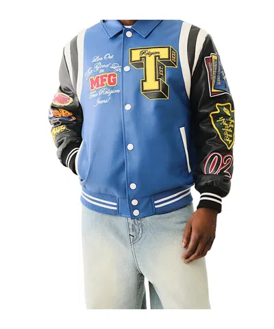 True Religion Faux Leather Patch Embroidery Varsity Jacket In Multicolor