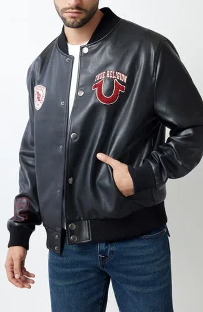True Religion Faux Leather Varsity Jacket In Jet Black
