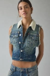 True Religion Fleece Trimmed Shrunken Denim Vest Jacket In Grind Dark Was, Women's At Urban Outfitte In Blue