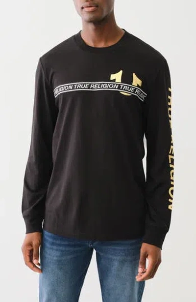 True Religion Foil Taping Long Sleeve Cotton Graphic T-shirt In Jet Black
