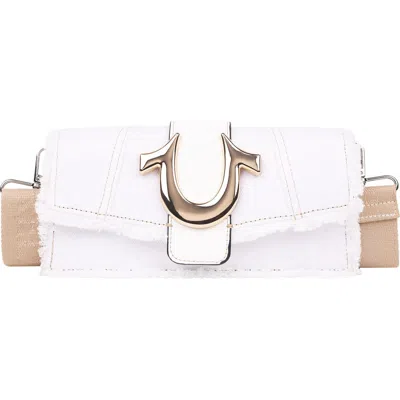 True Religion Frayed Denim Flap Bag With Logo Strap In White