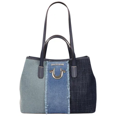 True Religion Frayed Denim Horseshoe Tote With Removable Wristlet In Blue