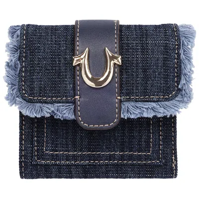 True Religion Frayed Flap Small Trifold Wallet With Horseshoe Hardware - Dark Denim In Blue