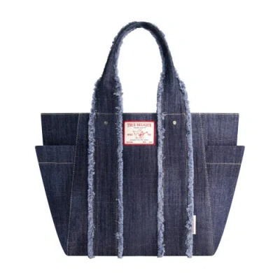 True Religion Frayed Handle Solid Denim Tote In Blue