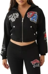 True Religion Front Zip Cotton Blend Crop Hoodie In Black