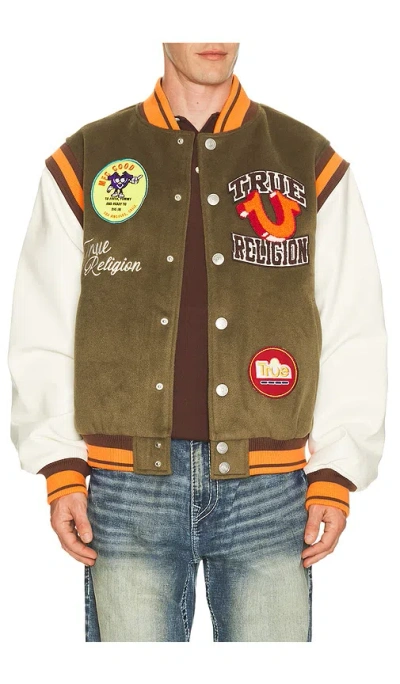 True Religion Garden Logo Retro Varsity Jacket In Green