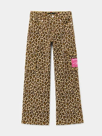 True Religion Girls Leopard Print Wide Leg Cargo Pant In Brown